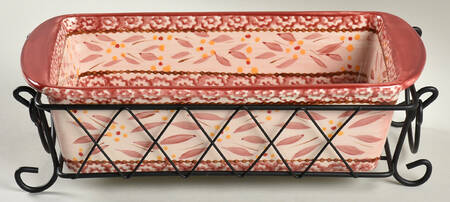Old World Cranberry Loaf Pan with Drip Tray & Metal Stand Set