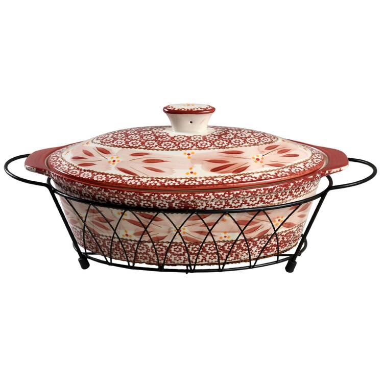 Old World Cranberry 3.5 Qt Oval Cov Casserole W/Metal Stand