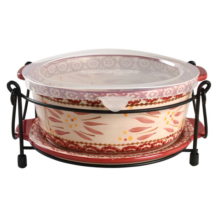 Old World Cranberry 9" Round Tab Handled Baker & Lid-It with Plastic Lid & Metal Stand by Temp-Tations