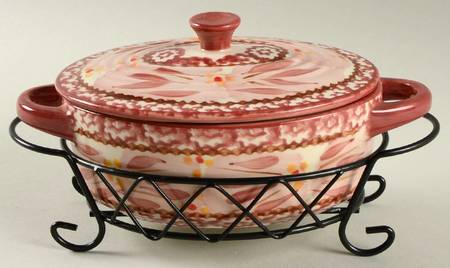 Old World Cranberry 9 Oz Individual Oval Casserole & Lid W/Metal Stand