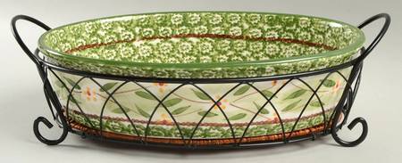 Old World Green 12" Oval Baker with Metal Stand