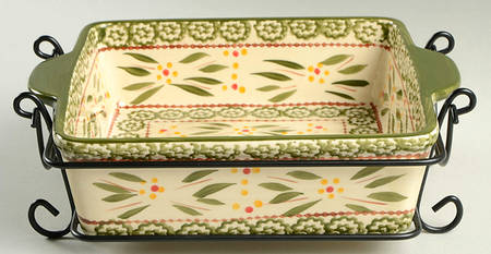 Old World Green 10" Square Baker & Metal Stand