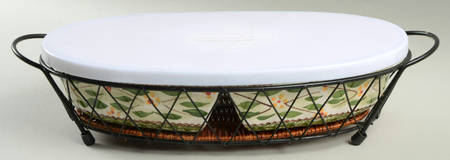 Old World Green 14" Oval Divided Baker W/Metal Stand,Trivet& Cover