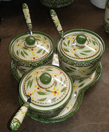 Old World Green 10pc Condiment Set (3 Condiment Jar's & Spoon W/Tray)