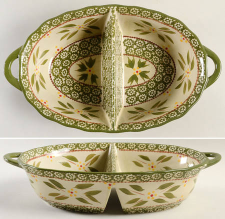 Old World Green 13" Oval Divided Baker