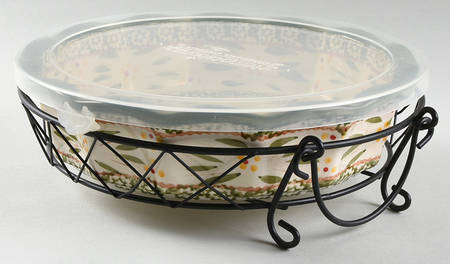 Old World Green 10" Pie Baking Plate w/Plastic Lid & Metal Stand