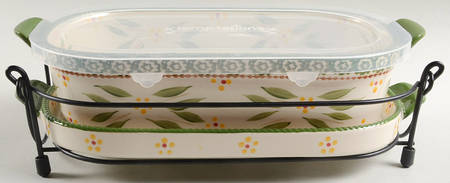 Old World Green 13" Oval Baker w/Plastic Lid, Lid-It & Metal Stand