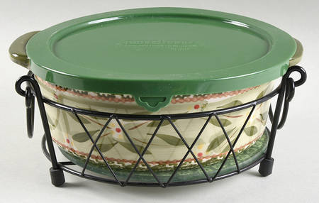 Old World Green 4pc 9" Round Handled Baker(Baker,Lid,Trivet&Stand)