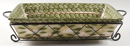 Old World Green 13" Rectangular Baker with Metal Stand