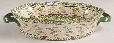 Old World Green 13" Oval Scalloped Baker