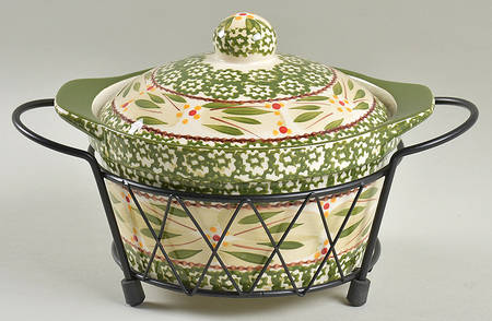 Old World Green 1 Qt Round Covered Casserole with Metal Stand