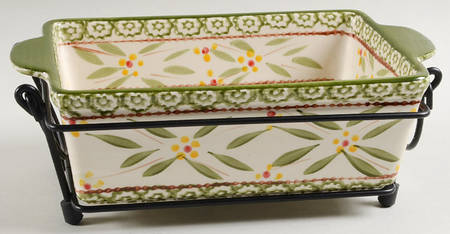 Old World Green 10" Rectangular Baker W/Metal Stand