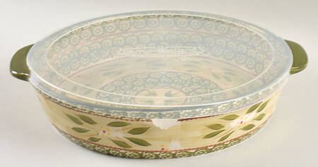 Old World Green 3 Qt Round Baker & Plastic Lid for Baker & Ramekins Set (Chip & Dip)