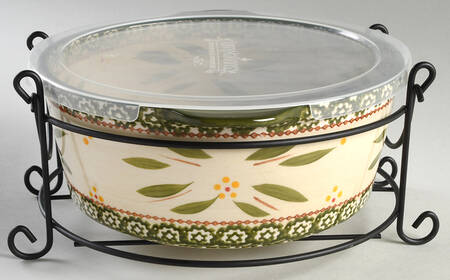 Old World Green 10" Handled Round Baker w/Plastic Lid & Metal Stan