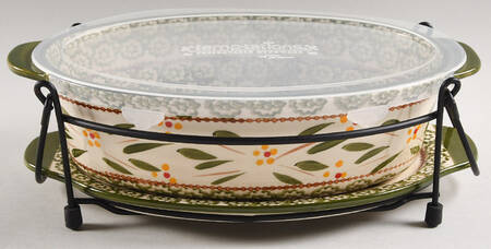 Old World Green 11" Oval Baker w/Plastic Lid, Lid-It & Mtl Stand