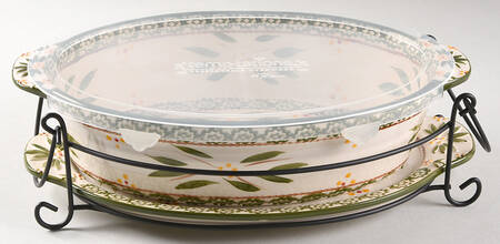 Old World Green 13" Oval Baker W/Lid, Lid-It & Metal Stand