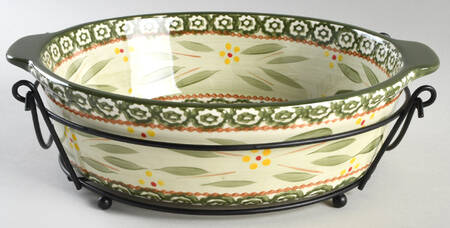 Old World Green 11" Oval Baker with Metal Stand
