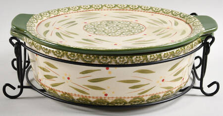 Old World Green 2.5 Qt Covered Casserole & Metal Stand