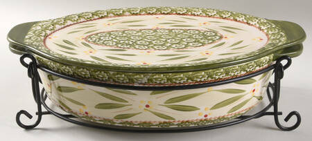 Old World Green 13" Oval Tab Handled Baker with Lidit & Stand