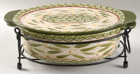 Old World Green 11" Oval Tab Handled Baker with Lidit & Stand