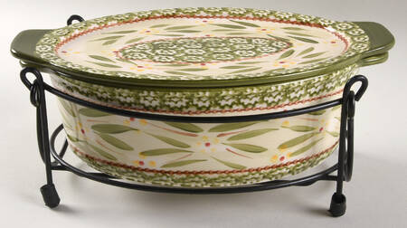 Old World Green 10" Oval Tab Handled Baker with Lidit & Stand