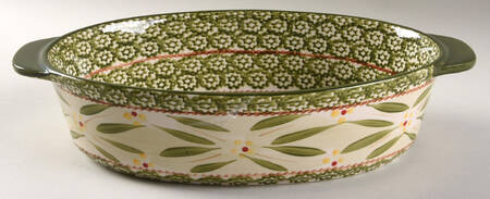 Old World Green 13" Oval Tab Handled Baker