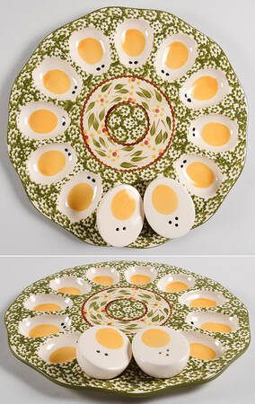 Old World Green Deviled Egg Plate with Figural Salt & Pepper Set