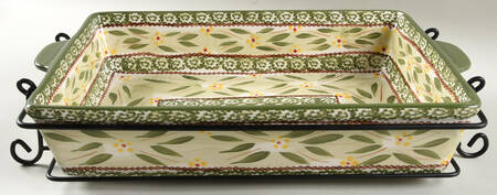 Old World Green 13" Rectangular Baker with Metal Stand