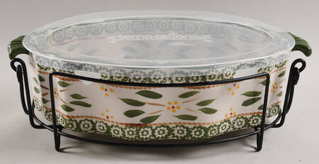 Old World Green 14" Oval Scalloped Baker with Plastic Lid & Stand