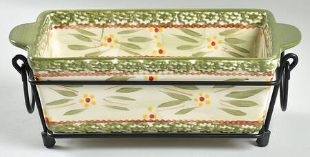 Old World Green 10" Rectangular Baker w/Metal Stand