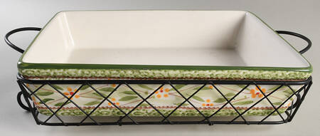 Old World Green 13" Rectangular Baker with Metal Stand