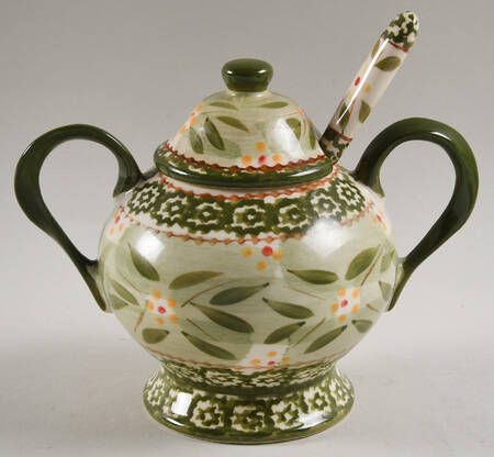 Old World Green Sugar Bowl & Lid W/Spoon
