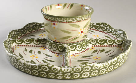 Old World Green Cake/Chip Plate & Dip/Pedestal Bowl for Convertible Set