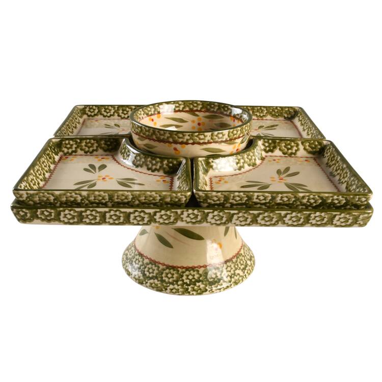 Old World Green 6 Piece Square Pedestal Server/Cake Set