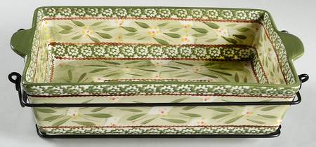 Old World Green 13" Rectangular Baker with Metal Stand