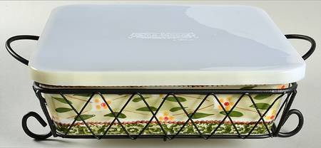 Old World Green 9" Square Baker w/Storage Cover & Metal Stand