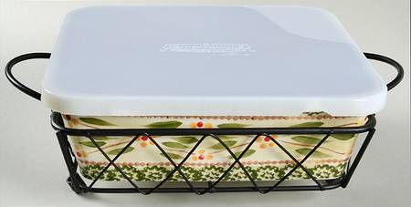 Old World Green 8" Square Baker W/Storage Cover & Metal Stand