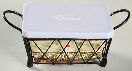 Old World Green 5" Rectangular Baker w/Metal Stand,Trivet & Cover