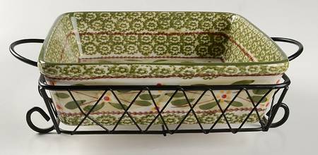 Old World Green 9" Square Baker & Metal Stand