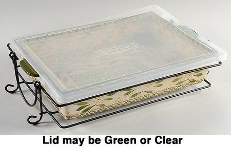 Old World Green 15" Rectangular Baker W/Storage Cover& Metal Stand