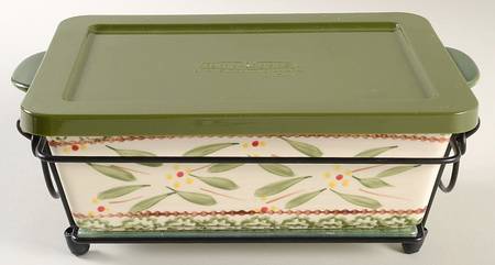 Old World Green 4 Pc 10" Rect Baker (Baker,Lid,Trivet & Stand)
