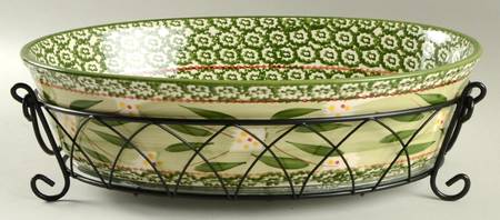 Old World Green 13" Oval Baker W/Metal Stand & Glass Trivet