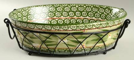 Old World Green 11" Oval Baker W/Metal Stand & Glass Trivet