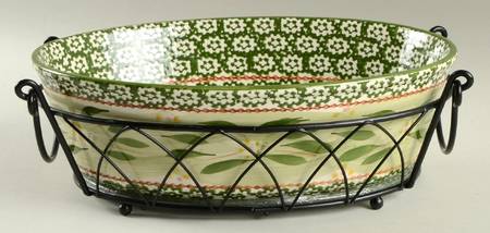 Old World Green 10" Oval Baker W/Metal Stand & Glass Trivet