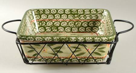 Old World Green 8" Square Baker & Metal Stand