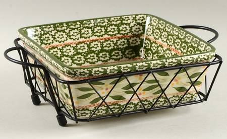 Old World Green 7" Square Baker & Metal Stand