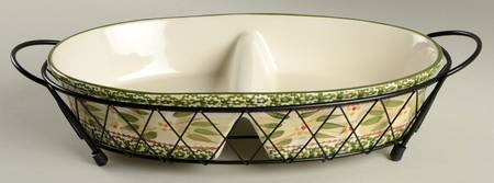 Old World Green 14" Divided Oval Baker & Metal Stand