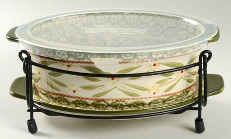 Old World Green 10" Oval Tab Handled Baker w/Plastic Lid, Lid-It & Metal Stand10"