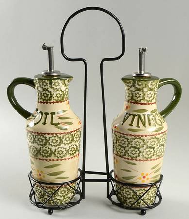 Old World Green Oil & Vinegar Drizzle Jars with Metal Holder