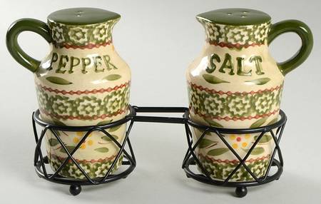 Old World Green Salt & Pepper W/Metal Stand